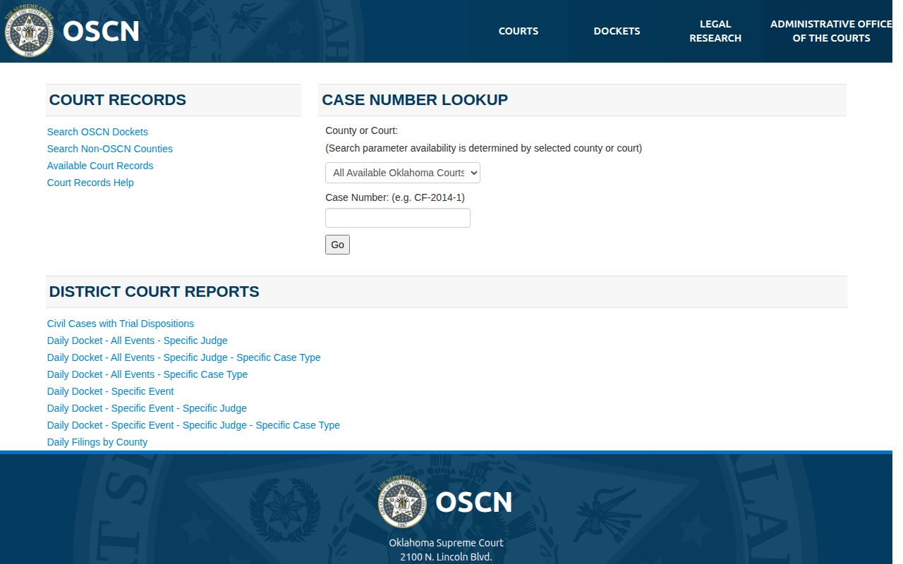 Oklahoma State Courts Network Kiowa County booking case search